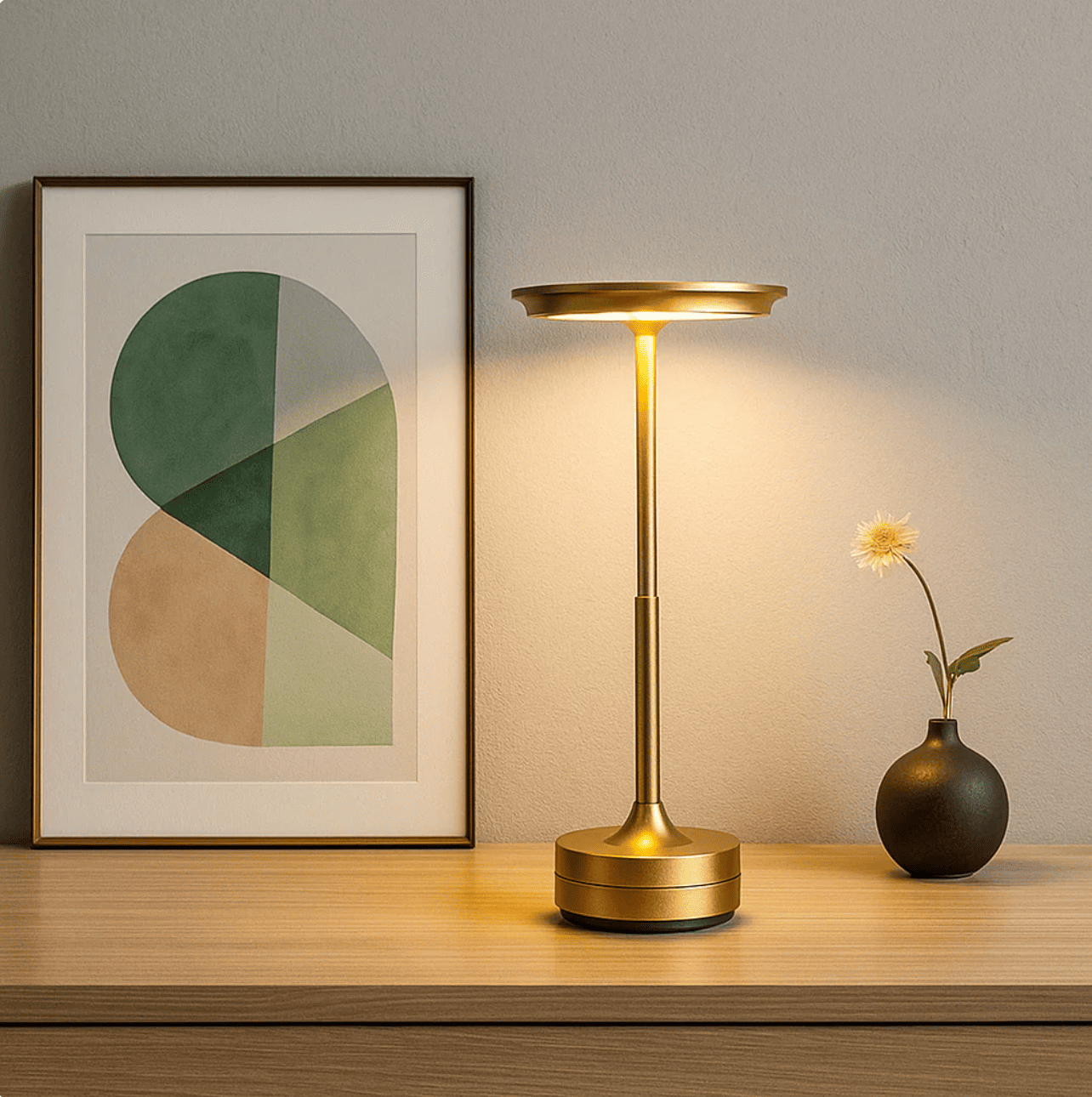 ALATORA Auralis A1 gold cordless architectural table lamp on a wooden table with minimalist interior decor.